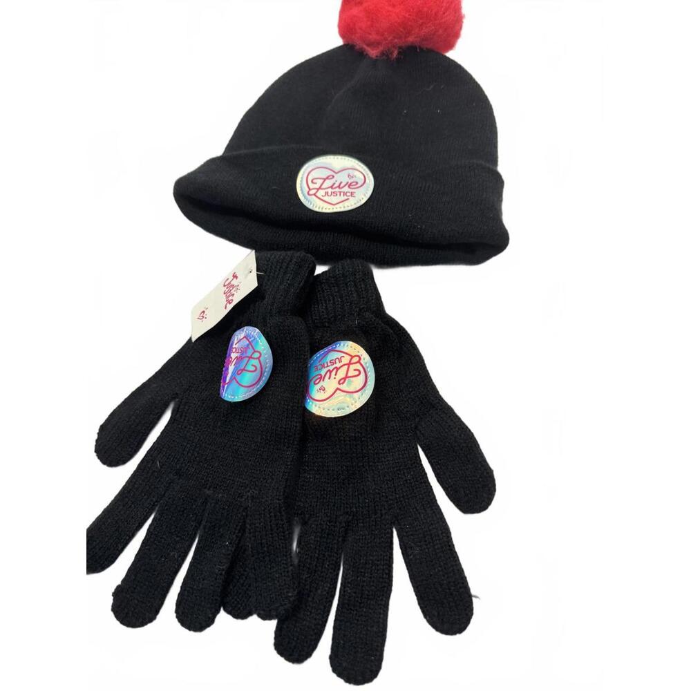 Justice Beanie Hat with Red Pom Pom and Matching Black Knit Gloves Set